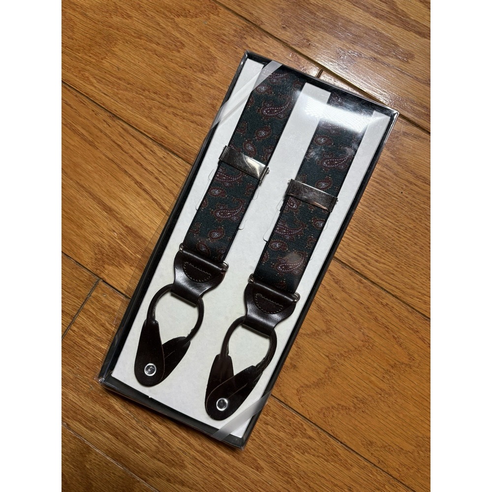 New In Box Edward Armah Paisley Trouser Braces Suspenders -Brown Leather Loops